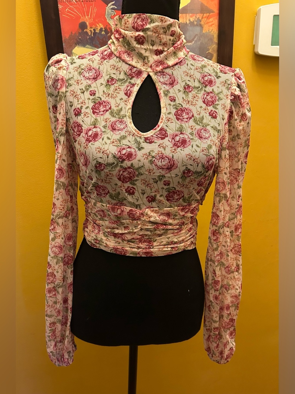 Beautiful Sheer Floral Puff Sleeve Keyhole Wrap Waist Crop Blouse Size L